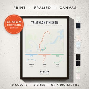 Triathlon Map print in a black frame on a white wall — print, framed, canvas or digital file, 10 colors, 5 sizes
