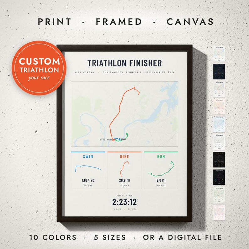 Triathlon Map print in a black frame on a white wall — print, framed, canvas or digital file, 10 colors, 5 sizes
