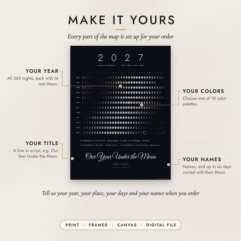 Diagram of what you can personalize: location, colors, title and details