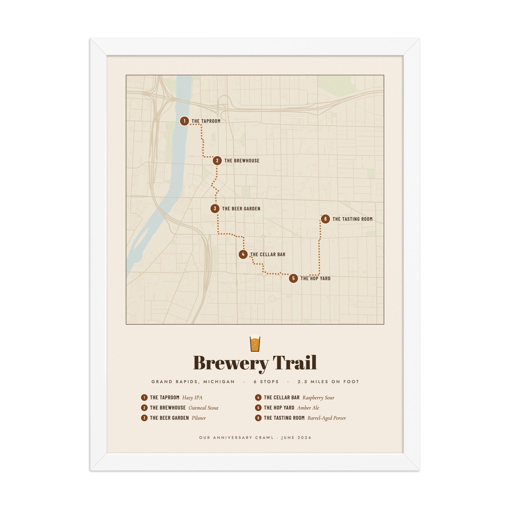 Real product photo: the Custom Brewery Map Print in the white wood frame with a clear acrylic front
