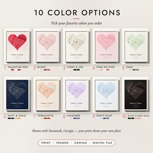 The Heart City Map in all 10 color options, numbered 1 to 10 with their names