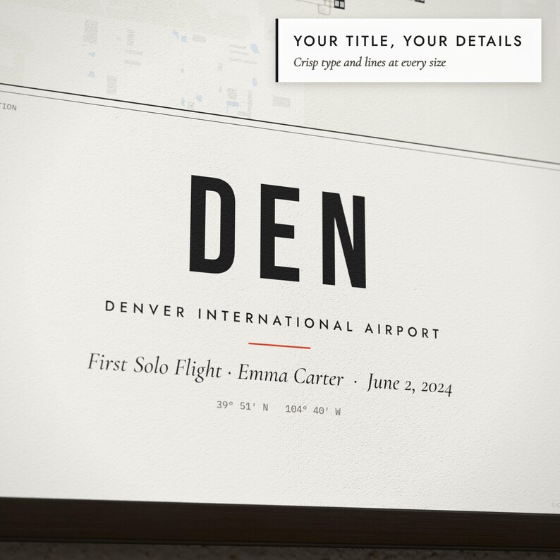 Close-up of the personalized title and details on the Airport Runway Map print