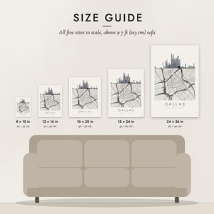 Size guide: 8×10, 12×16, 16×20, 18×24, 24×36 inch prints shown to scale above a sofa