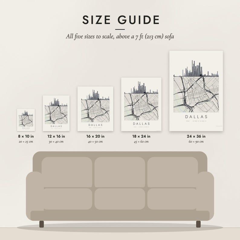 Size guide: 8×10, 12×16, 16×20, 18×24, 24×36 inch prints shown to scale above a sofa