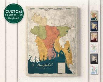 Bangladesh Map Print, Personalized Bangladesh Wall Art for Canvas or Poster, Detailed Map with Cities, Heritage Gift, Framed or Canvas Print