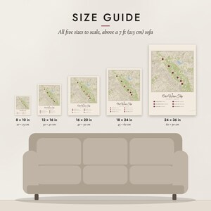 Size guide: 8×10, 12×16, 16×20, 18×24, 24×36 inch prints shown to scale above a sofa