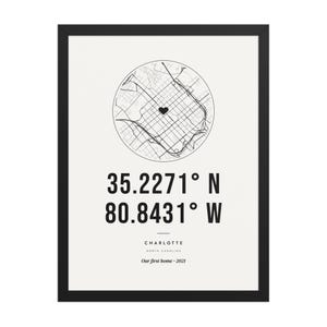 Real product photo: the Custom Coordinates Print in the black wood frame with a clear acrylic front