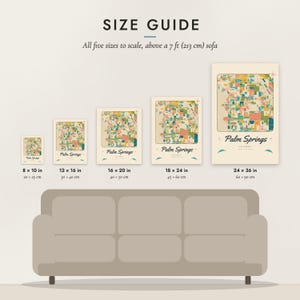 Size guide: 8×10, 12×16, 16×20, 18×24, 24×36 inch prints shown to scale above a sofa