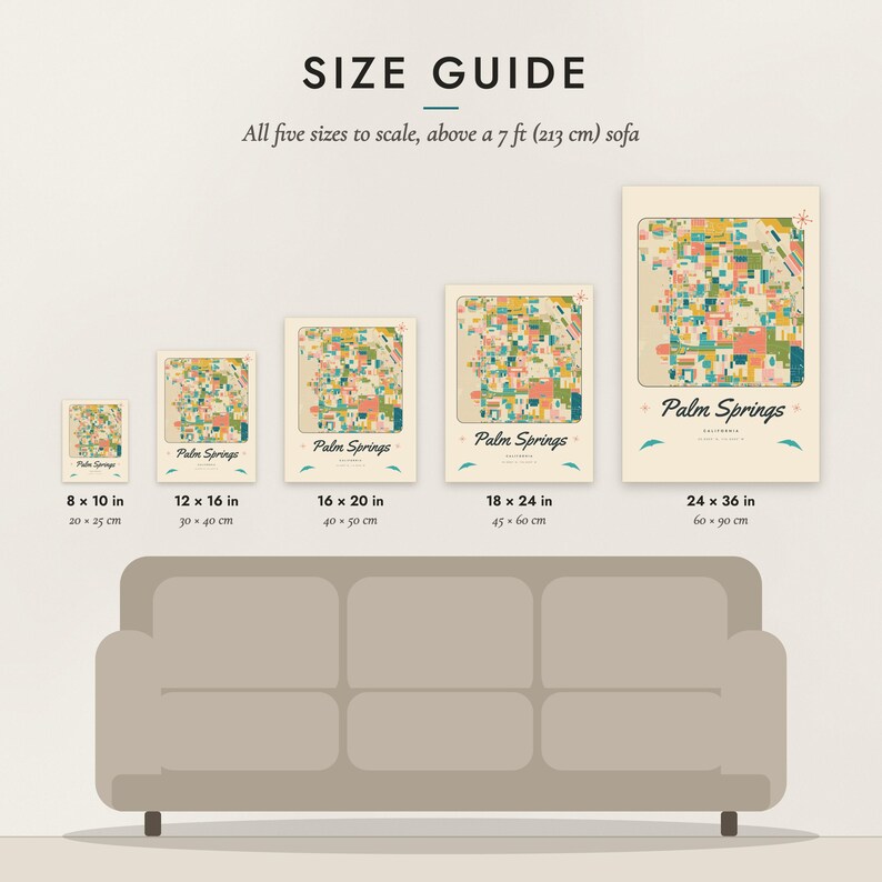 Size guide: 8×10, 12×16, 16×20, 18×24, 24×36 inch prints shown to scale above a sofa
