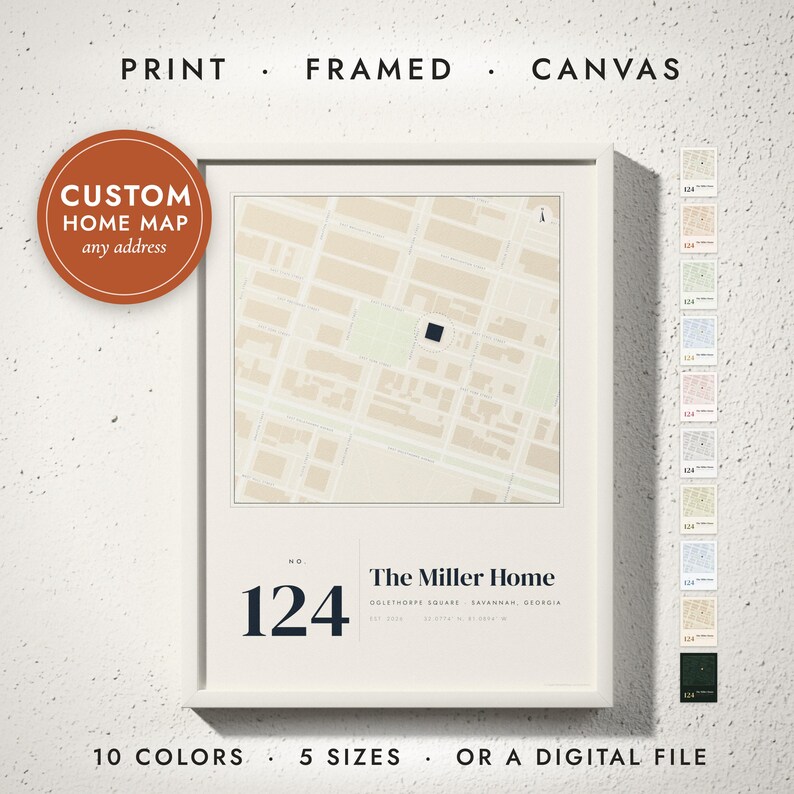 Our Home Map print in a white frame on a white wall — print, framed, canvas or digital file, 10 colors, 5 sizes