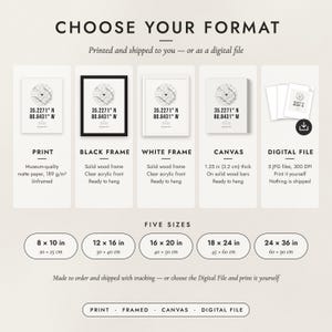 The formats to choose from: matte paper print, black frame, white frame, canvas and the digital file, with the five sizes