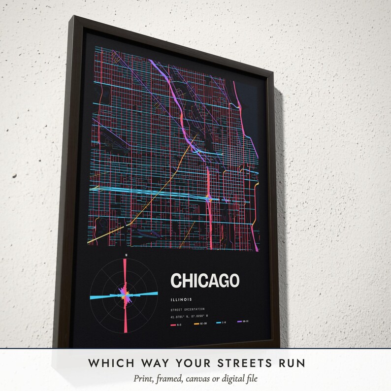 Three-quarter view of the framed Street Orientation Map poster on a white plaster wall