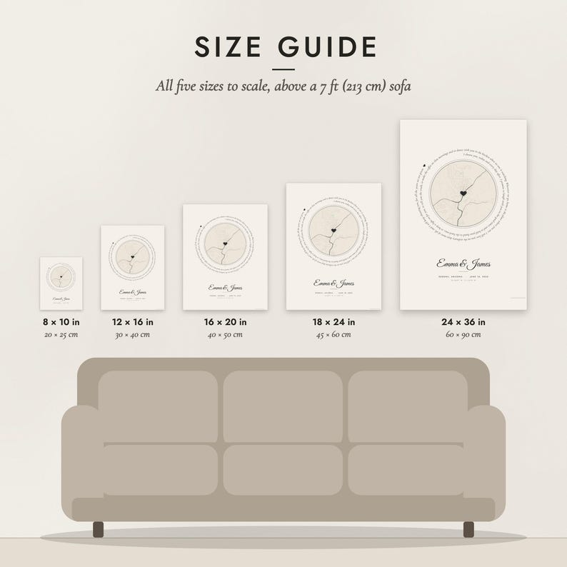 Size guide: 8×10, 12×16, 16×20, 18×24, 24×36 inch prints shown to scale above a sofa