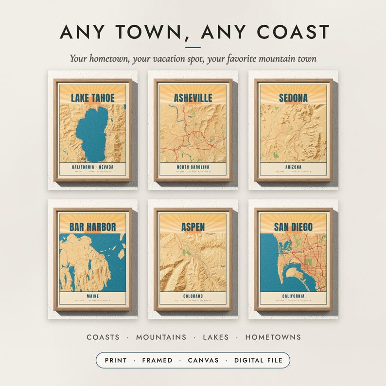 Vintage Travel Poster Map examples for six places in the United States