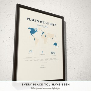 Three-quarter view of the framed Places We've Been Map poster on a white plaster wall