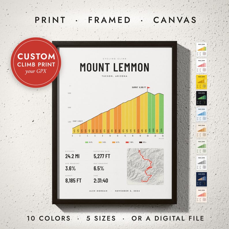 Cycling Climb Print in a black frame on a white wall — print, framed, canvas or digital file, 10 colors, 5 sizes