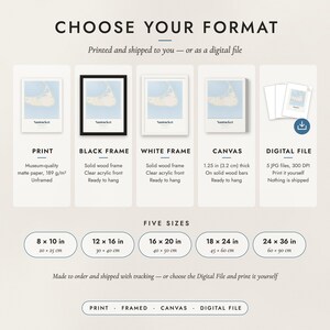 The formats to choose from: matte paper print, black frame, white frame, canvas and the digital file, with the five sizes
