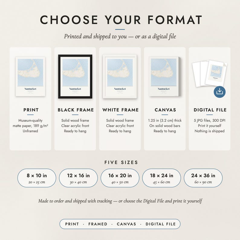The formats to choose from: matte paper print, black frame, white frame, canvas and the digital file, with the five sizes
