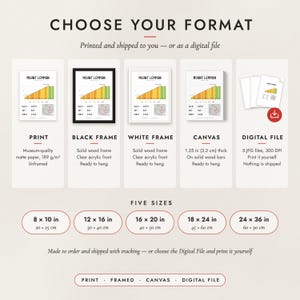 The formats to choose from: matte paper print, black frame, white frame, canvas and the digital file, with the five sizes