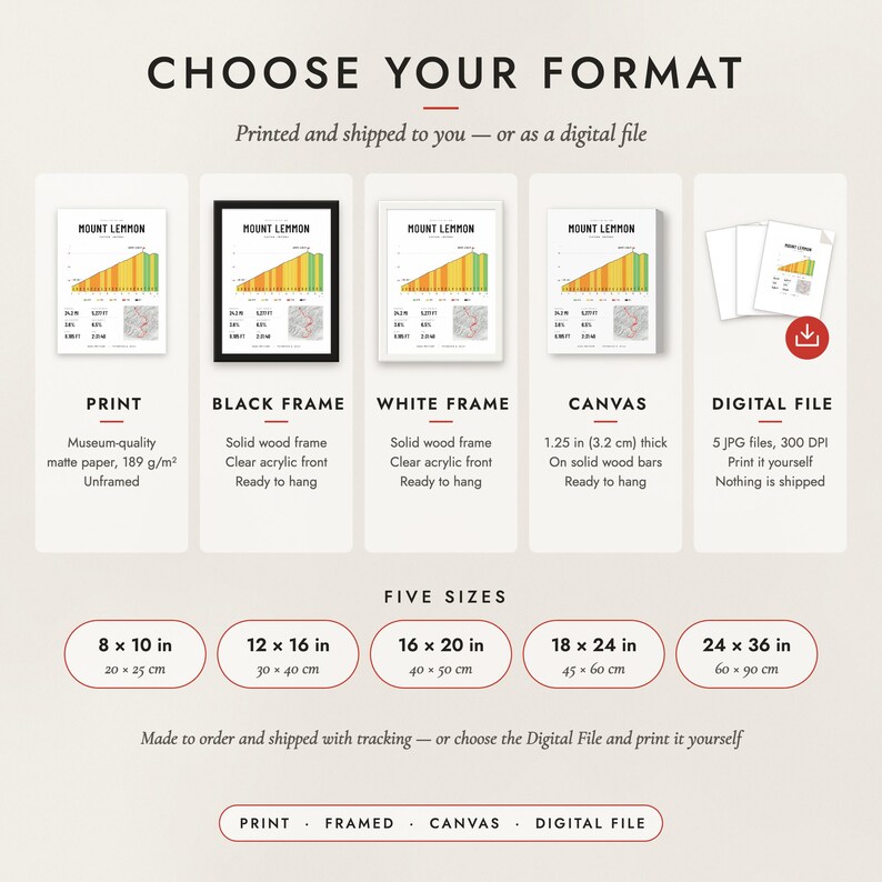 The formats to choose from: matte paper print, black frame, white frame, canvas and the digital file, with the five sizes