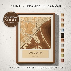 Layered Wood City Map print in a walnut frame on a white wall — print, framed, canvas or digital file, 10 colors, 5 sizes