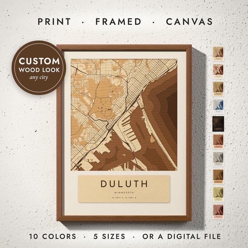 Layered Wood City Map print in a walnut frame on a white wall — print, framed, canvas or digital file, 10 colors, 5 sizes
