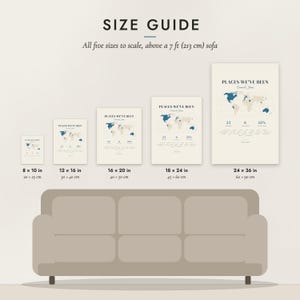Size guide: 8×10, 12×16, 16×20, 18×24, 24×36 inch prints shown to scale above a sofa