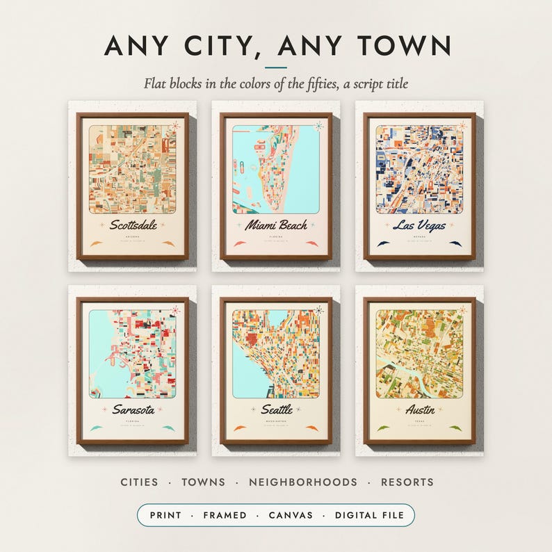 Mid-Century City Map examples for six cities