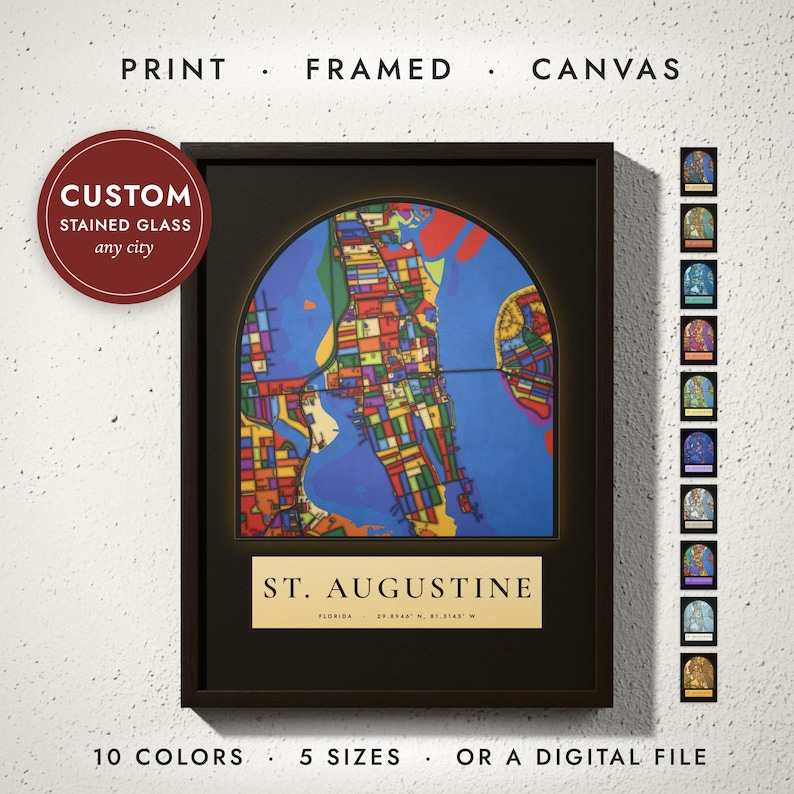 Stained Glass City Map print in a black frame on a white wall — print, framed, canvas or digital file, 10 colors, 5 sizes