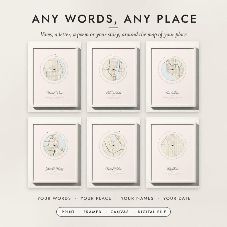 Words & Map Print examples with six places and texts