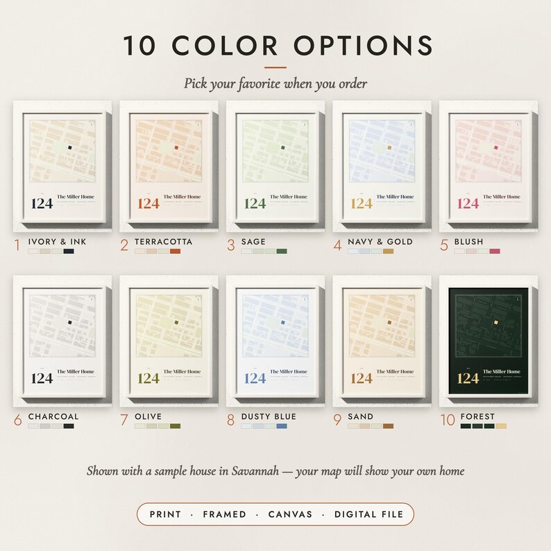 The Our Home Map in all 10 color options, numbered 1 to 10 with their names