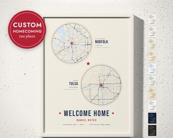 Military Homecoming Map Print, Welcome Home Gift, Deployment Gift, Duty Station Map, Military Family Gift, Two Places Map, Framed or Canvas