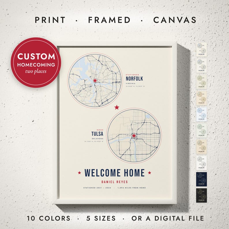 Military Homecoming Map print in a white frame on a white wall — print, framed, canvas or digital file, 10 colors, 5 sizes