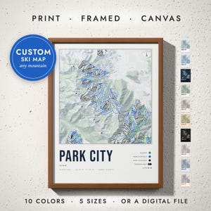 Ski Resort Map print in a walnut frame on a white wall — print, framed, canvas or digital file, 10 colors, 5 sizes