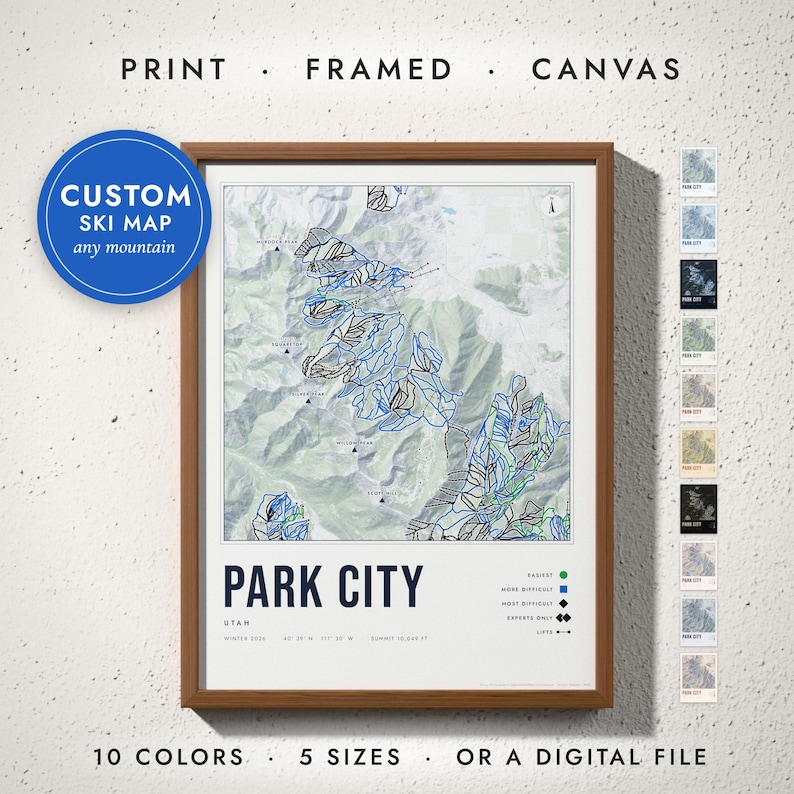 Ski Resort Map print in a walnut frame on a white wall — print, framed, canvas or digital file, 10 colors, 5 sizes
