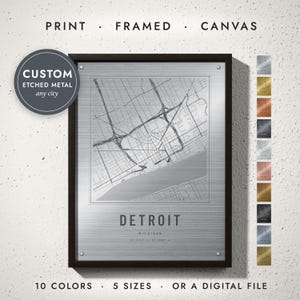Etched Metal City Map print in a black frame on a white wall — print, framed, canvas or digital file, 10 colors, 5 sizes