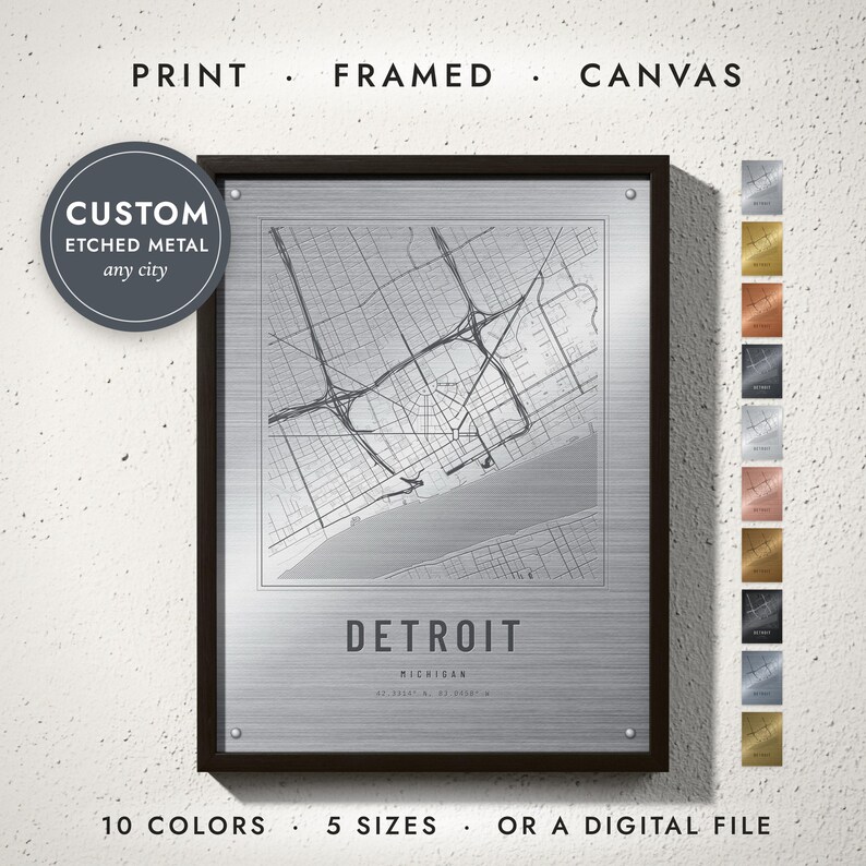 Etched Metal City Map print in a black frame on a white wall — print, framed, canvas or digital file, 10 colors, 5 sizes