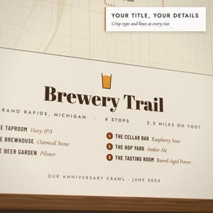 Close-up of the personalized title and details on the Brewery Trail Map print