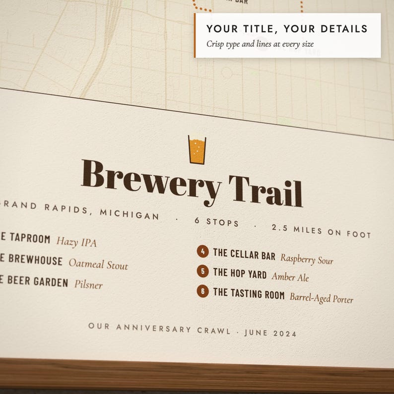 Close-up of the personalized title and details on the Brewery Trail Map print