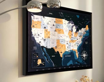 Detailed USA Travel Map Canvas Print, Navy Blue Orange Landmarks Wall Art