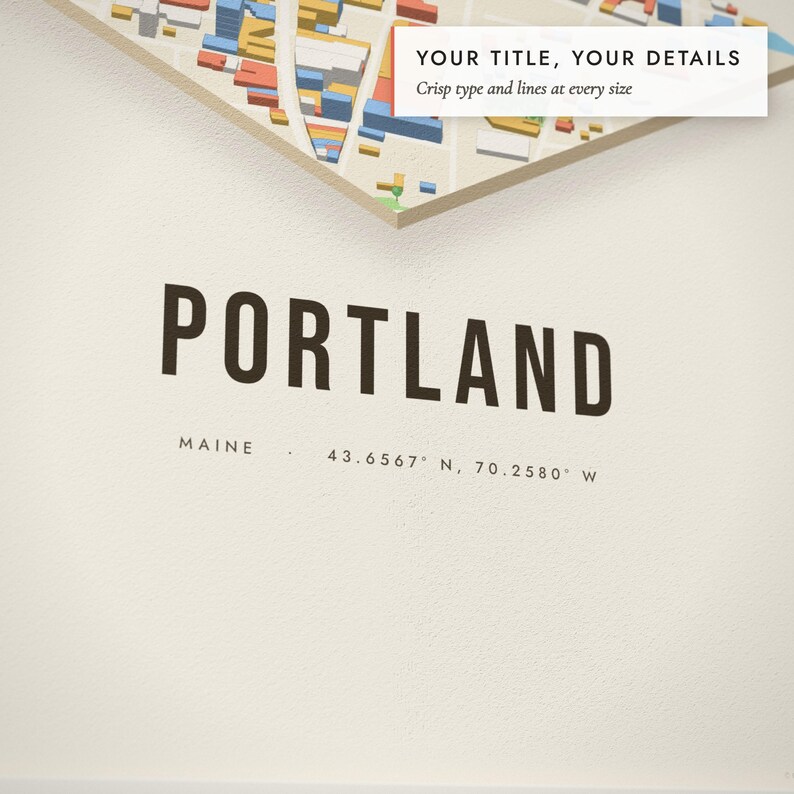 Close-up of the personalized title and details on the Isometric City Map print