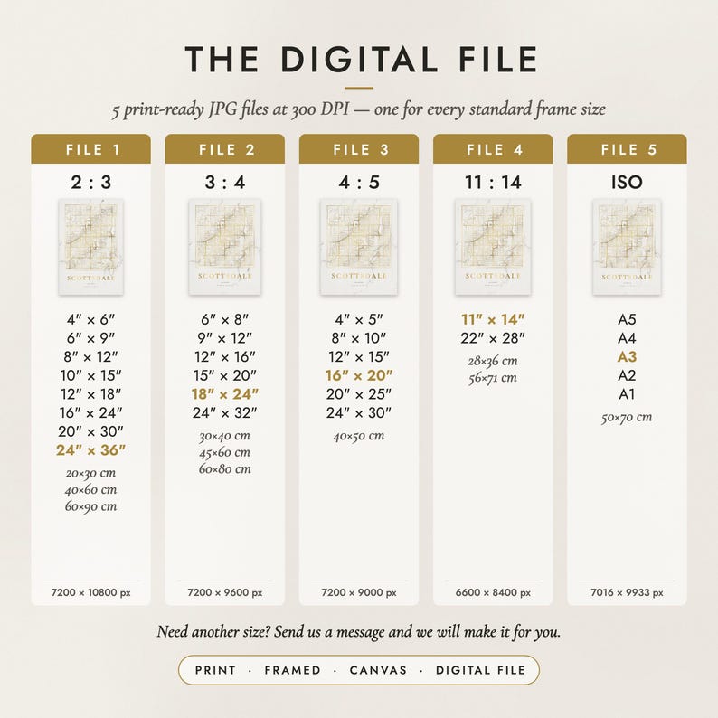 The Digital File option: five print-ready JPG files in 2:3, 3:4, 4:5, 11:14 and ISO ratios at 300 DPI