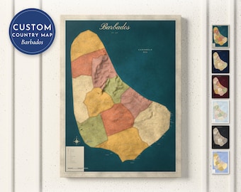 Barbados Map Print, Personalized Barbados Wall Art for Canvas or Poster, Detailed Map with Cities, Heritage Gift, Framed, Canvas or Digital