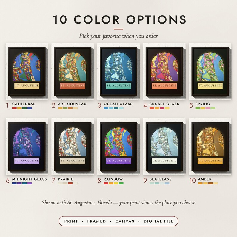 The Stained Glass City Map in all 10 color options, numbered 1 to 10 with their names