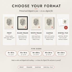 The formats to choose from: matte paper print, black frame, white frame, canvas and the digital file, with the five sizes