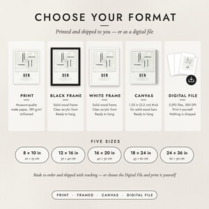 The formats to choose from: matte paper print, black frame, white frame, canvas and the digital file, with the five sizes