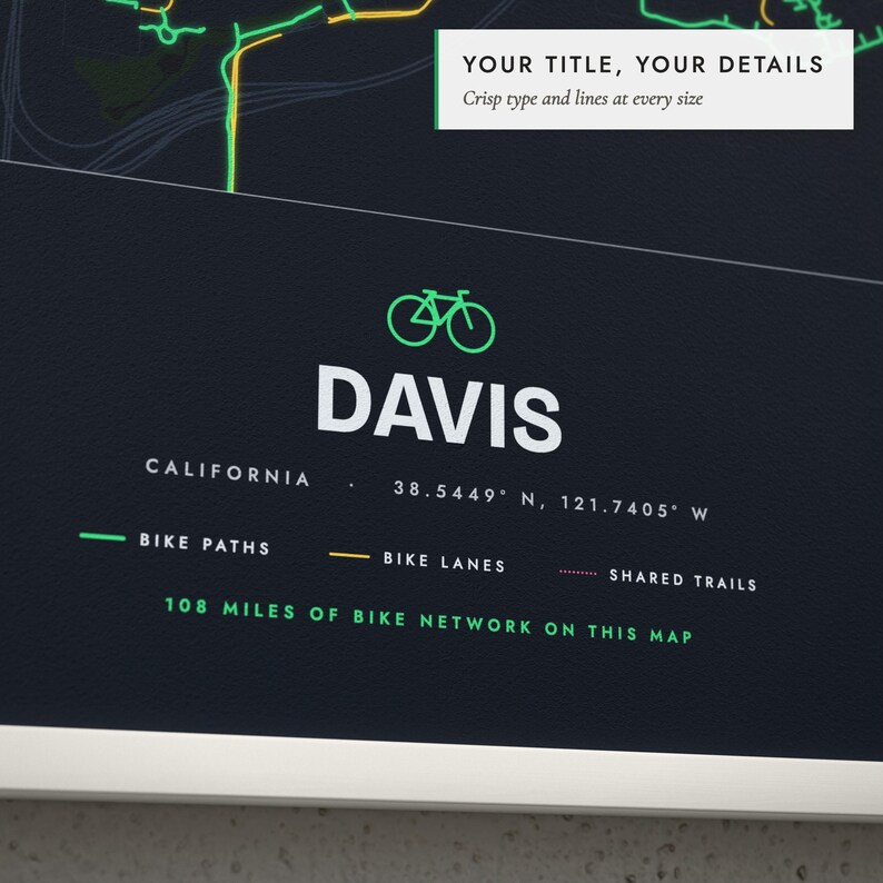 Close-up of the personalized title and details on the Bike City Map print