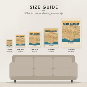 Size guide: 8×10, 12×16, 16×20, 18×24, 24×36 inch prints shown to scale above a sofa