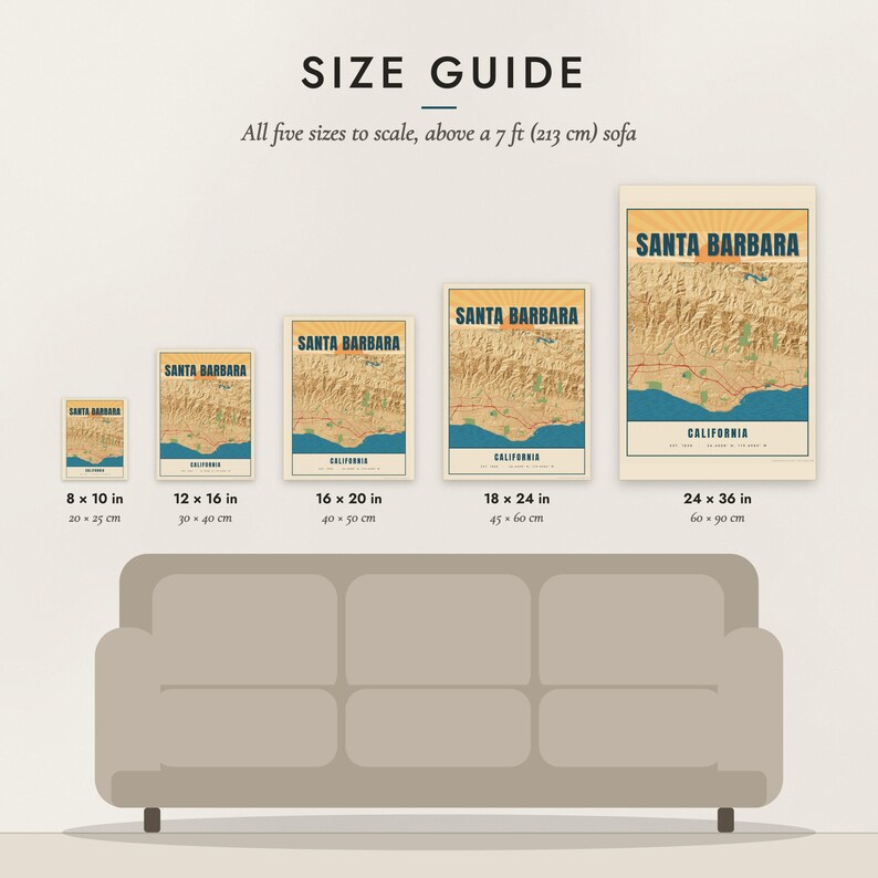 Size guide: 8×10, 12×16, 16×20, 18×24, 24×36 inch prints shown to scale above a sofa