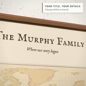 Close-up of the personalized title and details on the Family Roots Map print